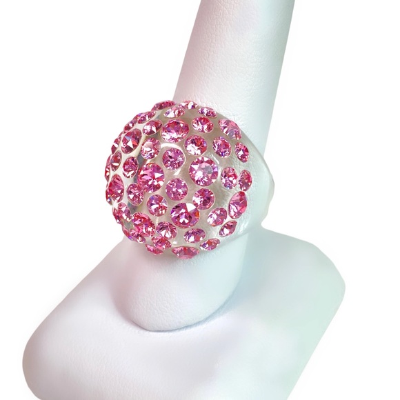 Pink Swarovski Crystal Acrylic Dome Ring, Lucite Clear Statement Ring - Picture 8 of 13